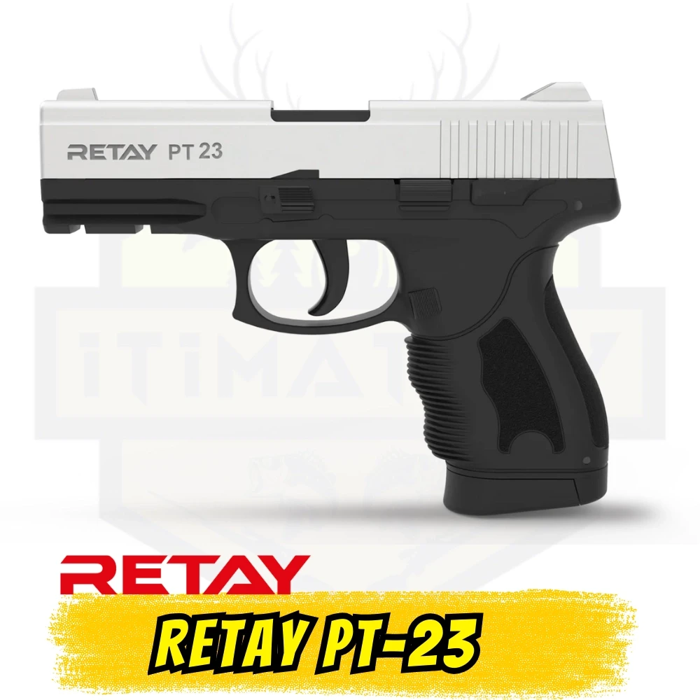 Retay PT-23 Kurusıkı Ses Tabancası (9 mm P.A.K. - Parlak Krom - 17+1 Şarjörlü Taktik Model)
