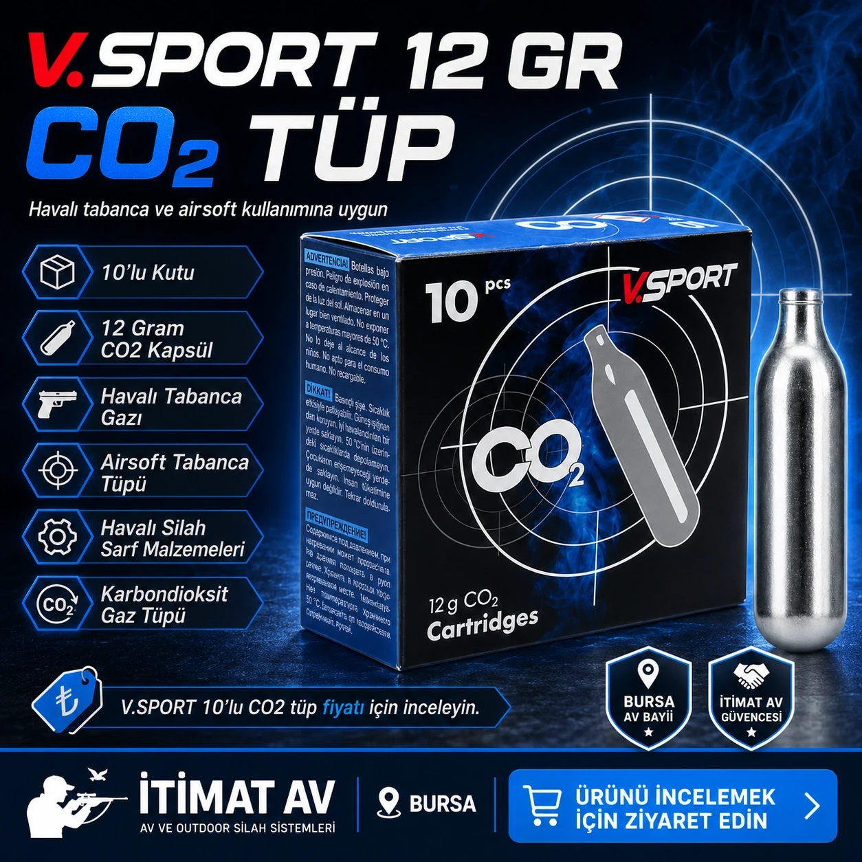 V.SPORT 12 Gram CO₂ Havalı Tabanca Tüpü Kapsülü - 10lu Kutu