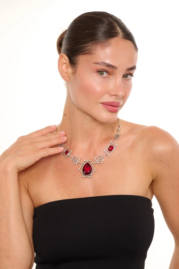ZeyDor Bordo Kristal Taşlı Kolye