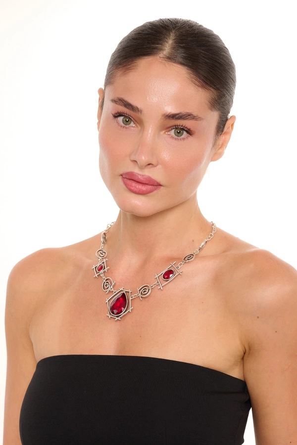 ZeyDor Bordo Kristal Taşlı Kolye