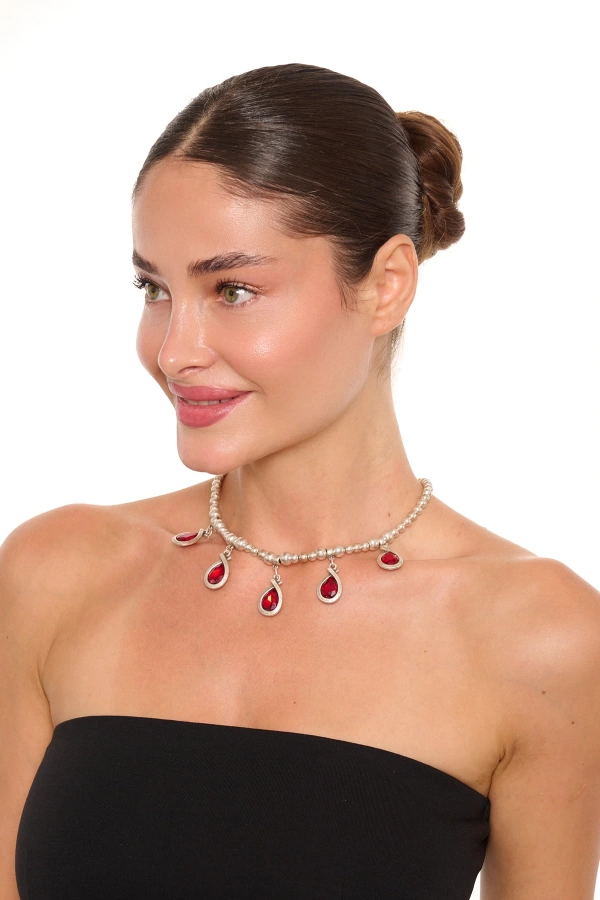 ZeyDor Bordo Kristal Taşlı Damla Kolye