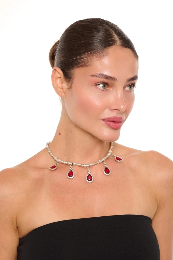 ZeyDor Bordo Kristal Taşlı Damla Kolye