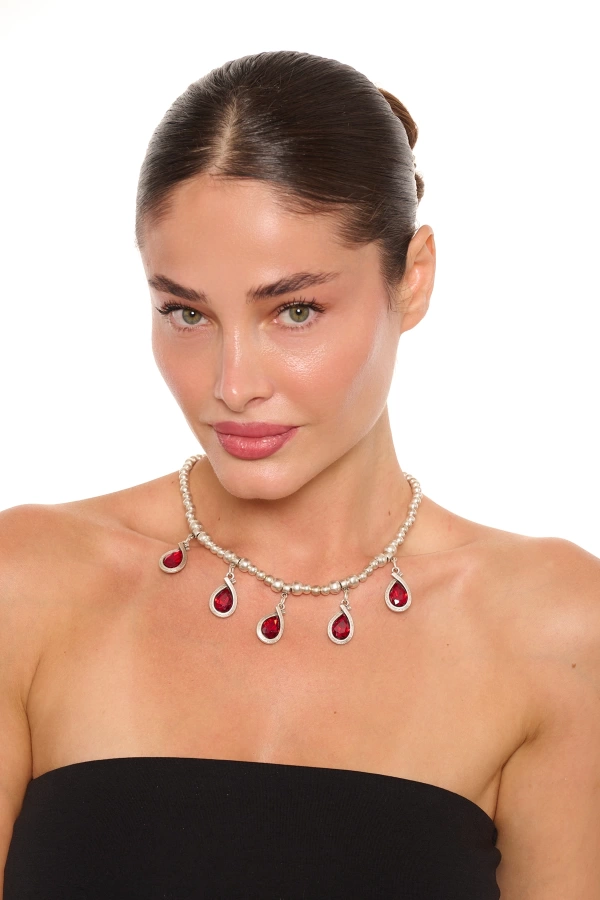 ZeyDor Bordo Kristal Taşlı Damla Kolye
