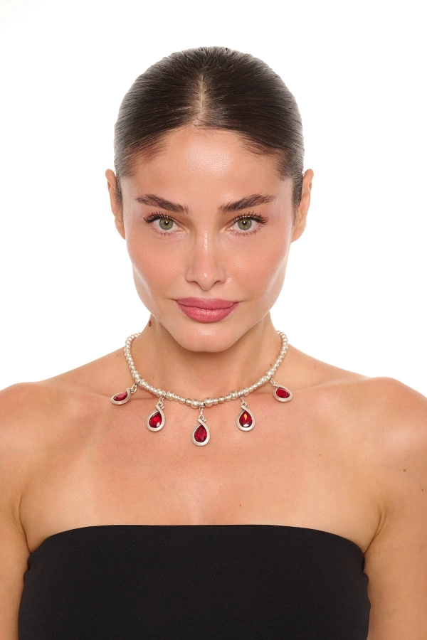 ZeyDor Bordo Kristal Taşlı Damla Kolye