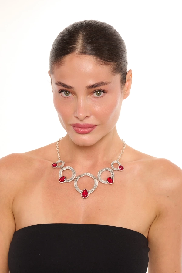 ZeyDor Bordo Kristal Taşlı Kolye