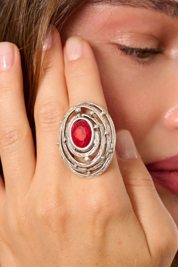 ZeyDor Bordo Kristal Taşlı Dönmeli Oval Yüzük