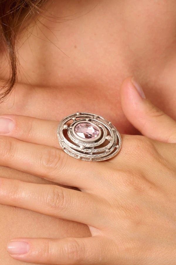 ZeyDor Pembe Kristal Taşlı Dönmeli Oval Yüzük
