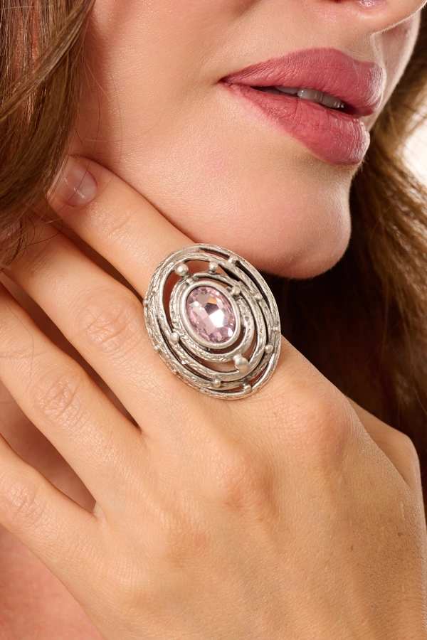 ZeyDor Pembe Kristal Taşlı Dönmeli Oval Yüzük