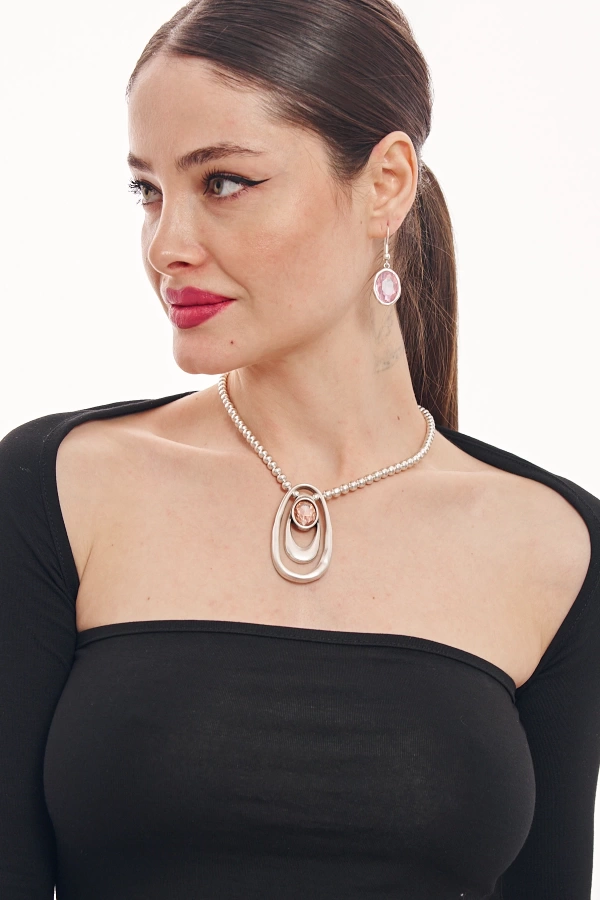 ZeyDor Pembe Kristal Taşlı Kolye Set  6045