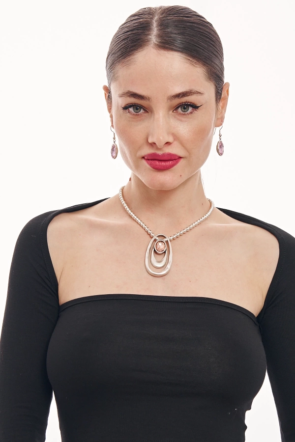 ZeyDor Pembe Kristal Taşlı Kolye Set  6045