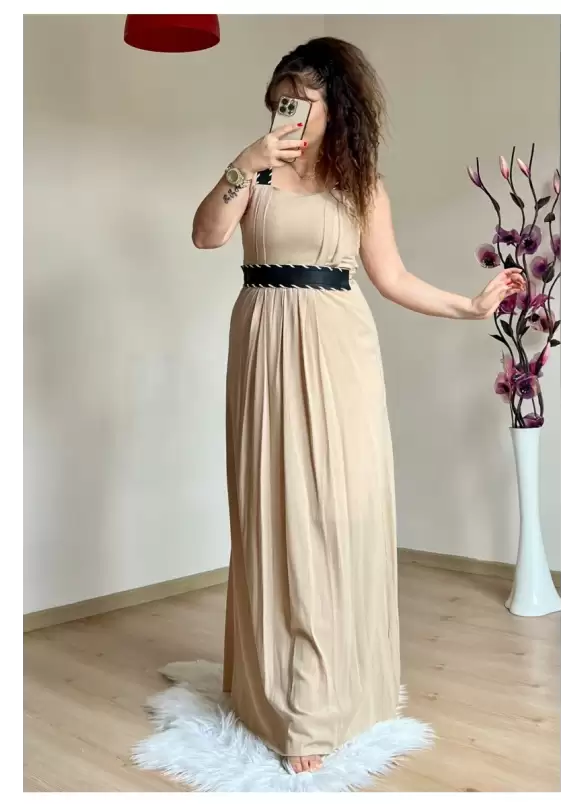 Askılı Deri Kemerli Elbise Bej