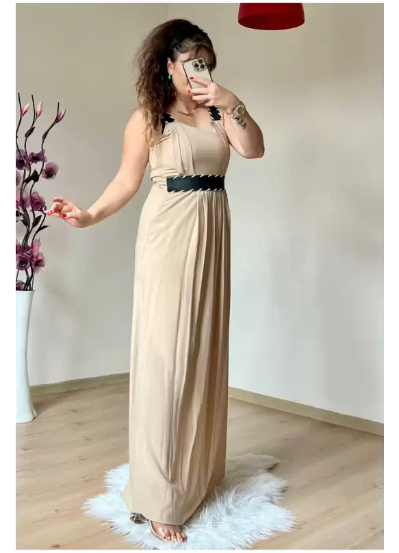 Askılı Deri Kemerli Elbise Bej