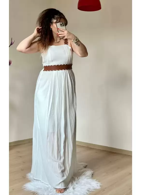 Askılı Deri Kemerli Elbise Beyaz