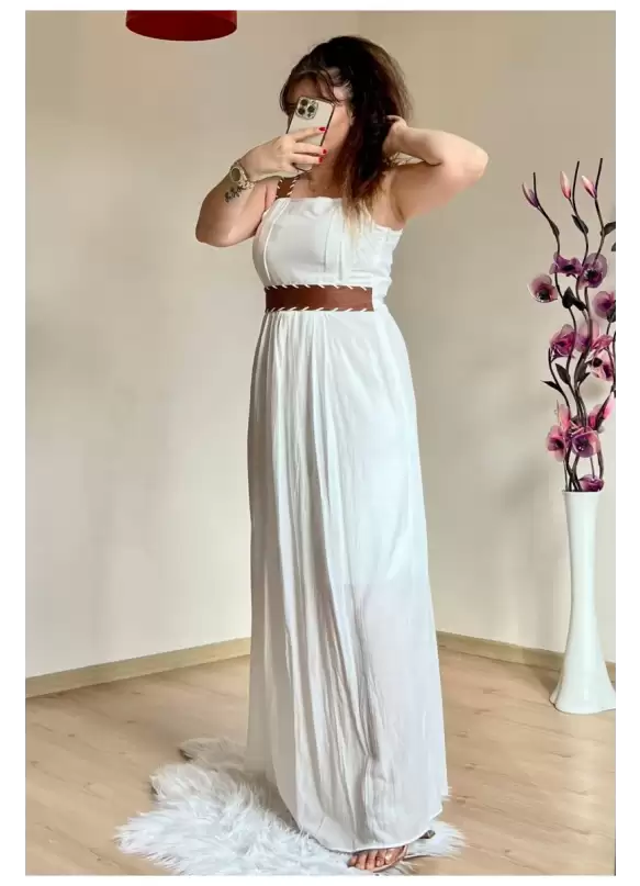 Askılı Deri Kemerli Elbise Beyaz