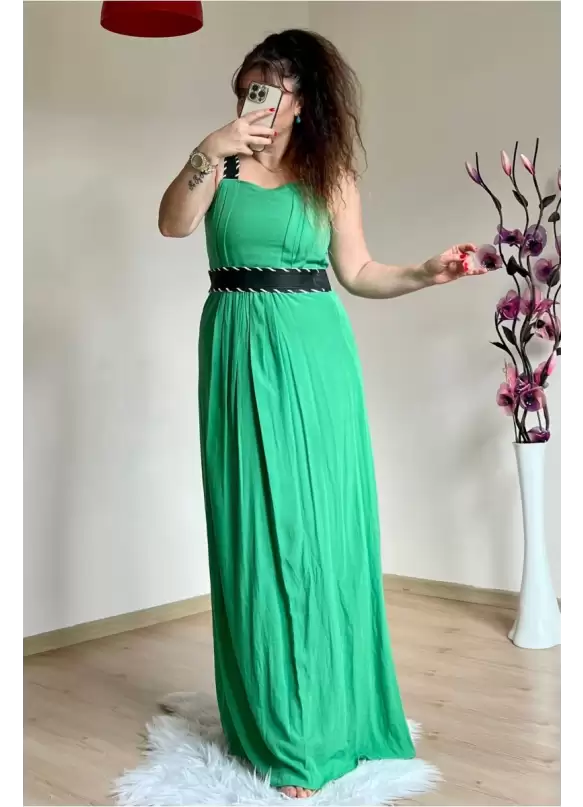 Askılı Deri Kemerli Elbise Yeşil