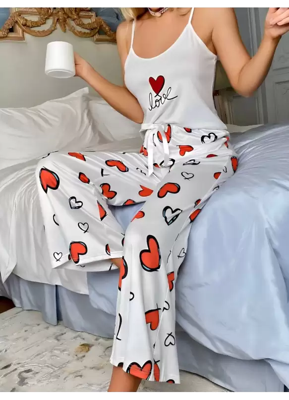 Askılı Kalpli Pijama Takımı Beyaz