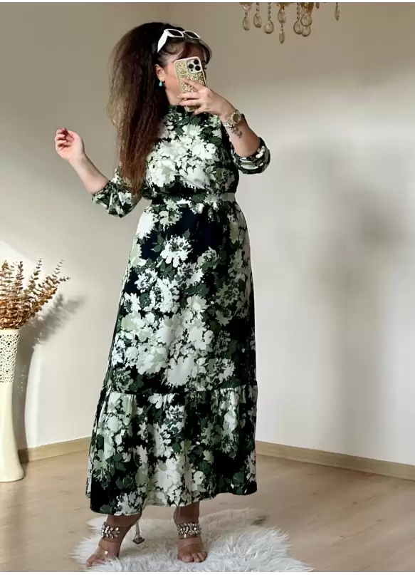 Balıkçı Yaka Yeşil Çıceklı Elbise
