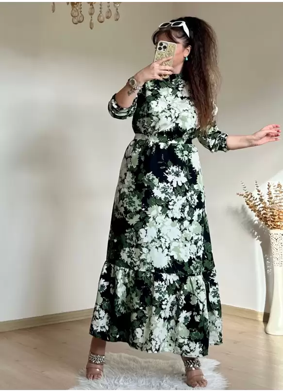 Balıkçı Yaka Yeşil Çıceklı Elbise