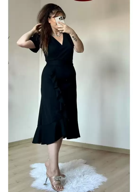 Balon Kol Fırfırlı Siyah Elbıse