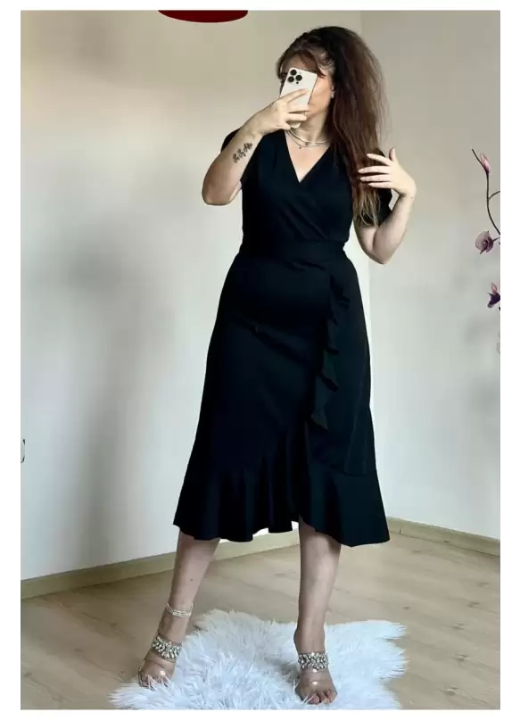 Balon Kol Fırfırlı Siyah Elbıse