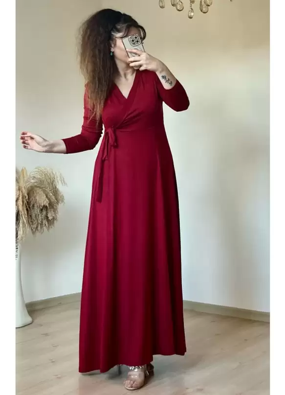 Bel Bağlamalı Elbise Bordo