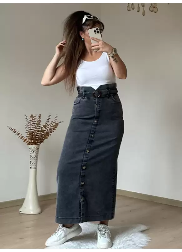 Bel Detaylı Dar Kot Etek Koyu Füme