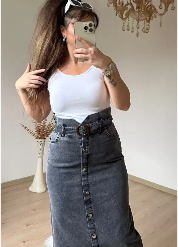 Bel Detaylı Dar Kot Etek Koyu Füme