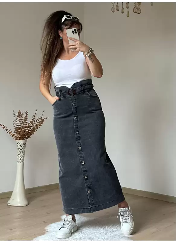 Bel Detaylı Dar Kot Etek Koyu Füme