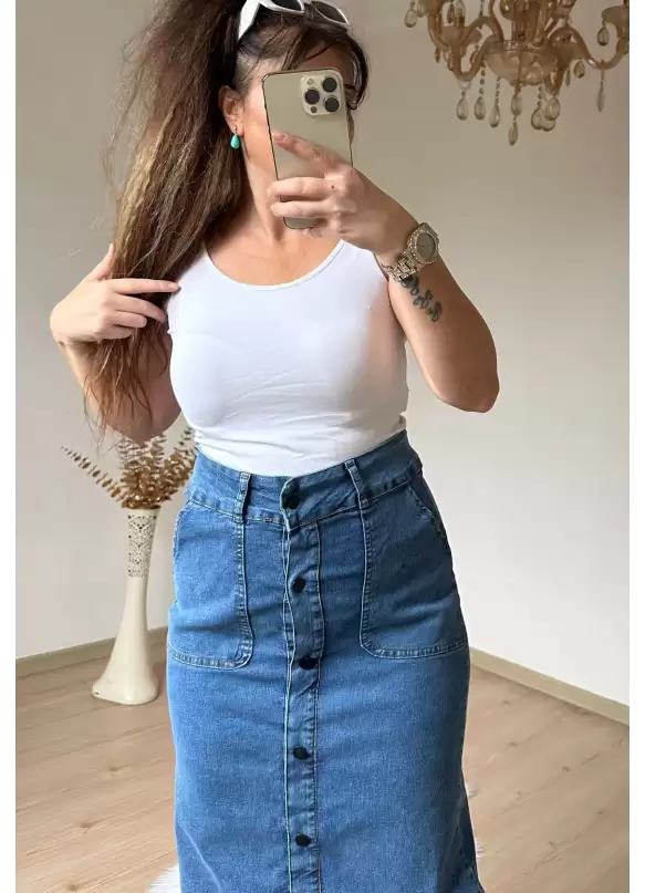 Bel Detaylı Dar Kot Etek Koyu Mavi