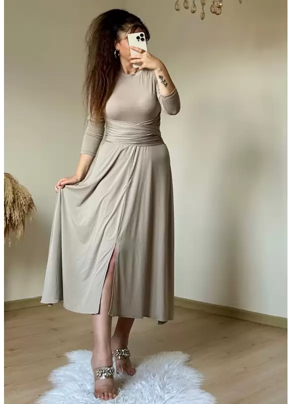 Bel Detaylı Elbise Bej