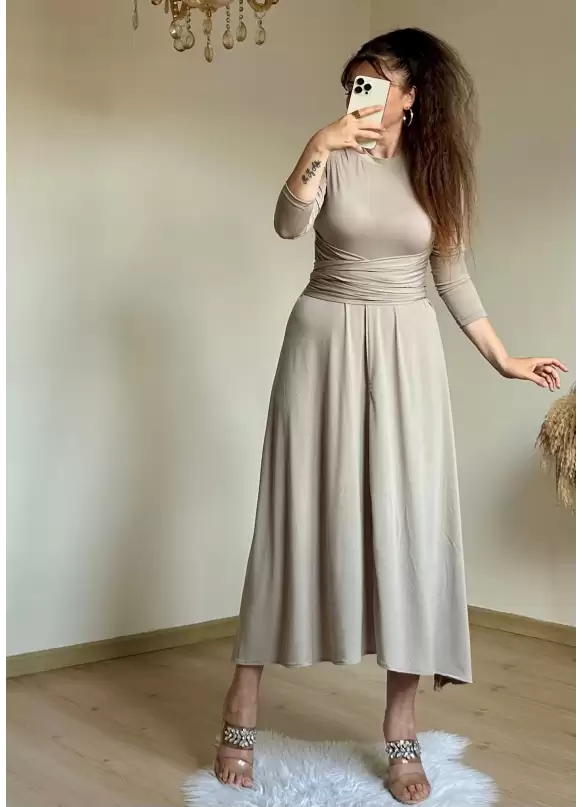 Bel Detaylı Elbise Bej