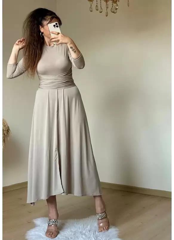 Bel Detaylı Elbise Bej