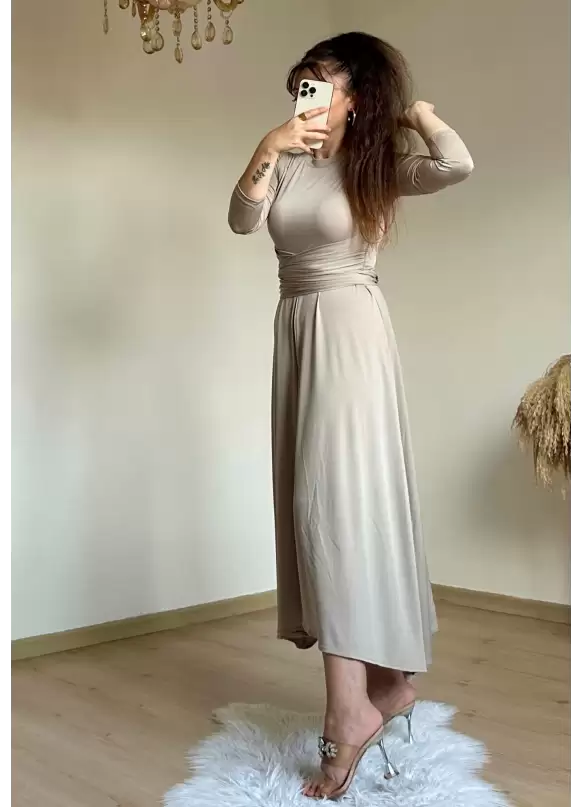 Bel Detaylı Elbise Bej