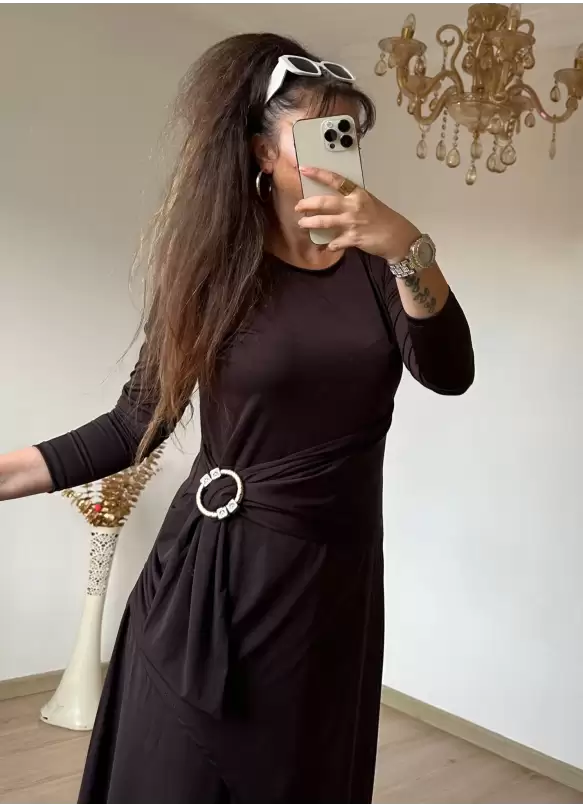 Bel Tokalı Elbise Koyu Kahve