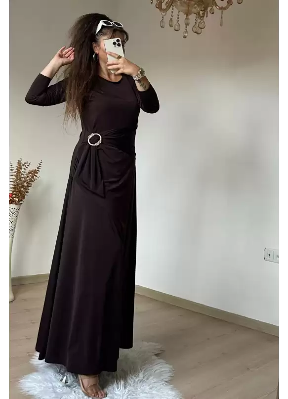 Bel Tokalı Elbise Koyu Kahve