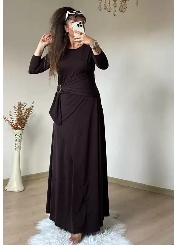 Bel Tokalı Elbise Koyu Kahve