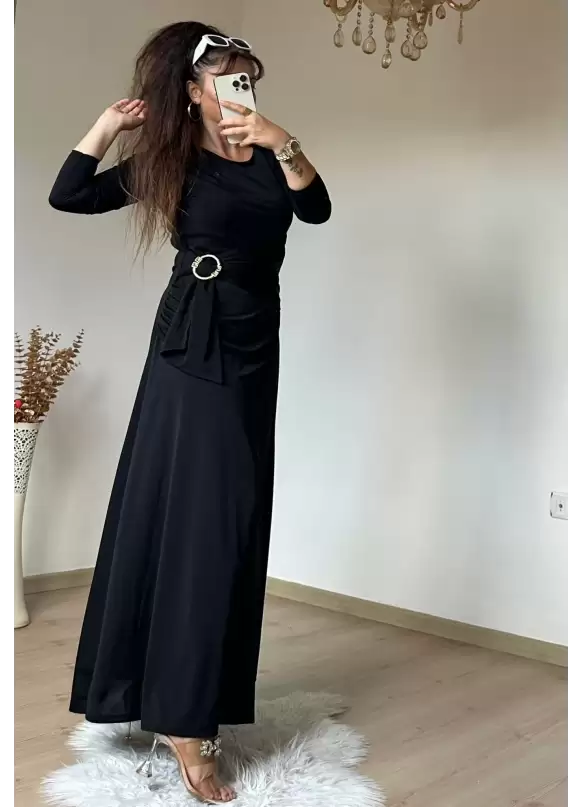 Bel Tokalı Elbise Siyah
