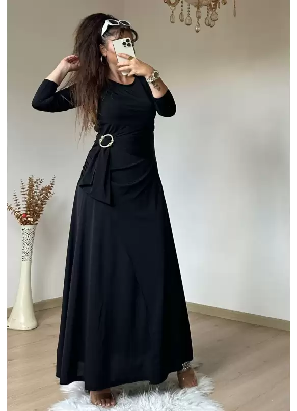 Bel Tokalı Elbise Siyah