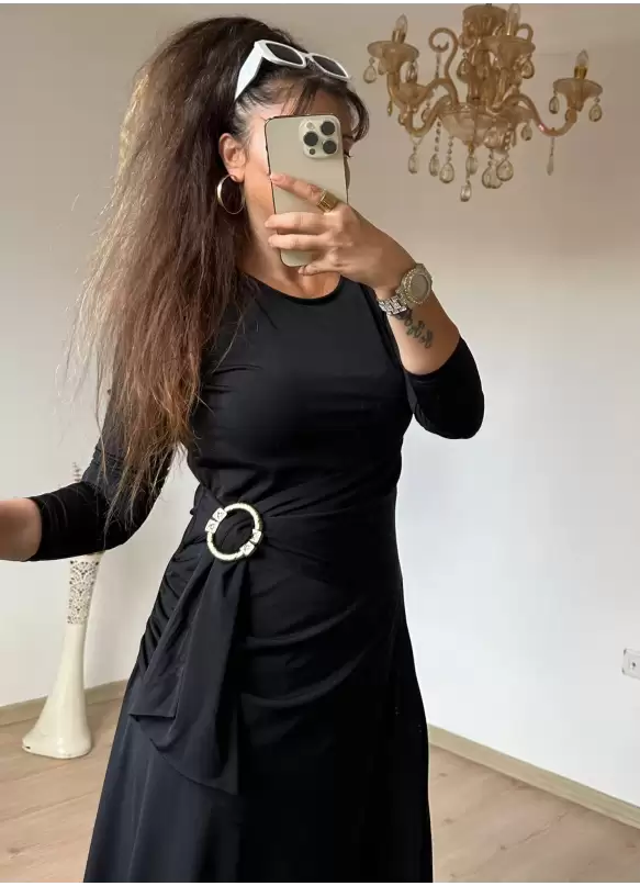 Bel Tokalı Elbise Siyah