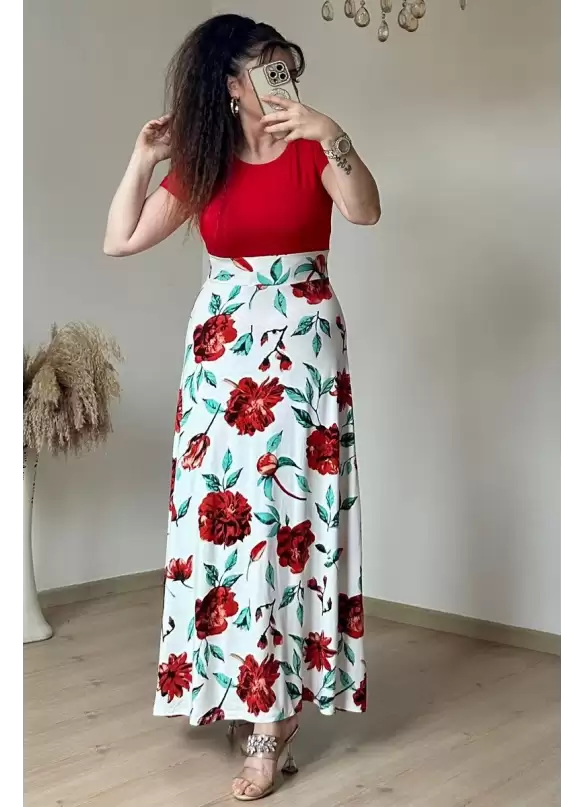 Beyaz İri Gül Desen Viskon Elbise