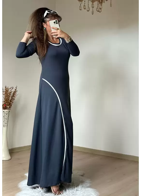 Beyaz Şerıtlı Elbise Gri