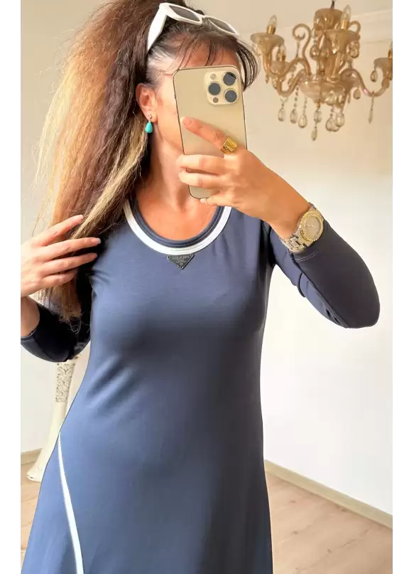 Beyaz Şerıtlı Elbise Gri