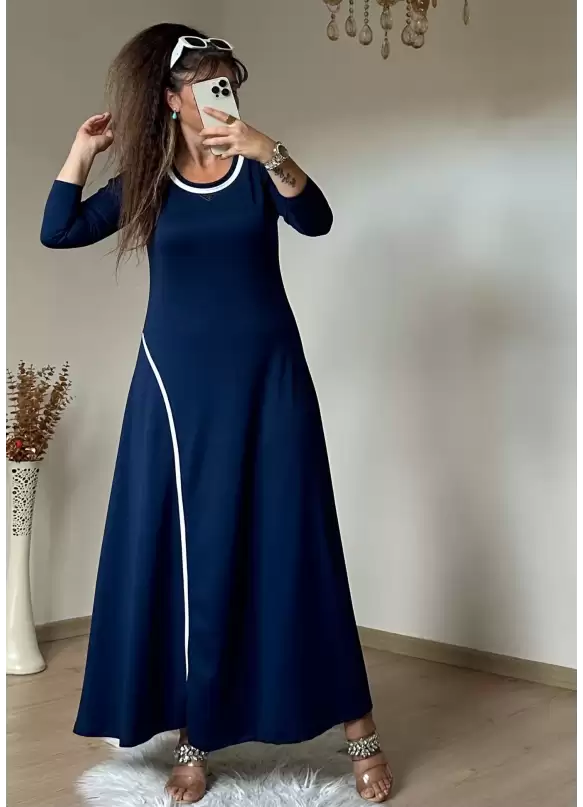 Beyaz Şerıtlı Elbise Lacivert