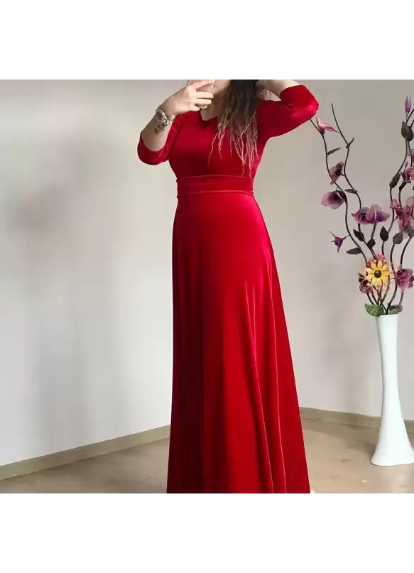 Bisiklet Yaka Kadife Elbise Bordo