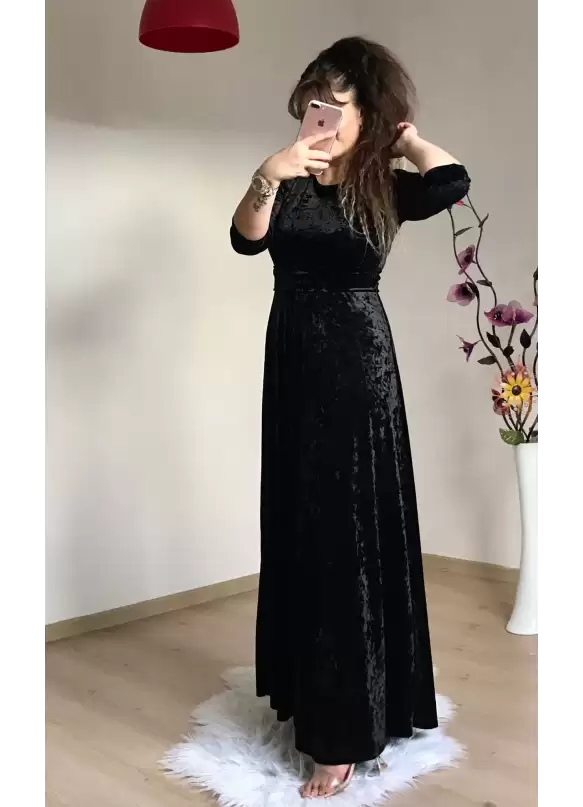 Bisiklet Yaka Kadife Elbise Siyah