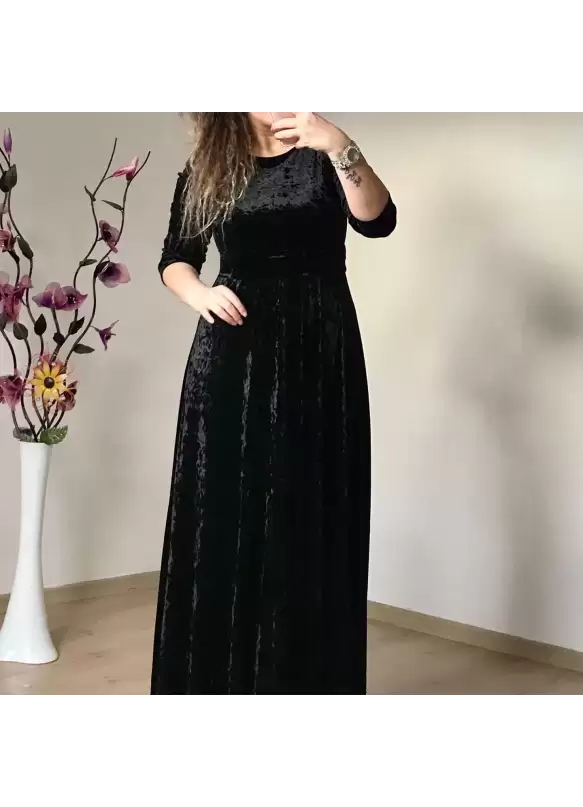 Bisiklet Yaka Kadife Elbise Siyah