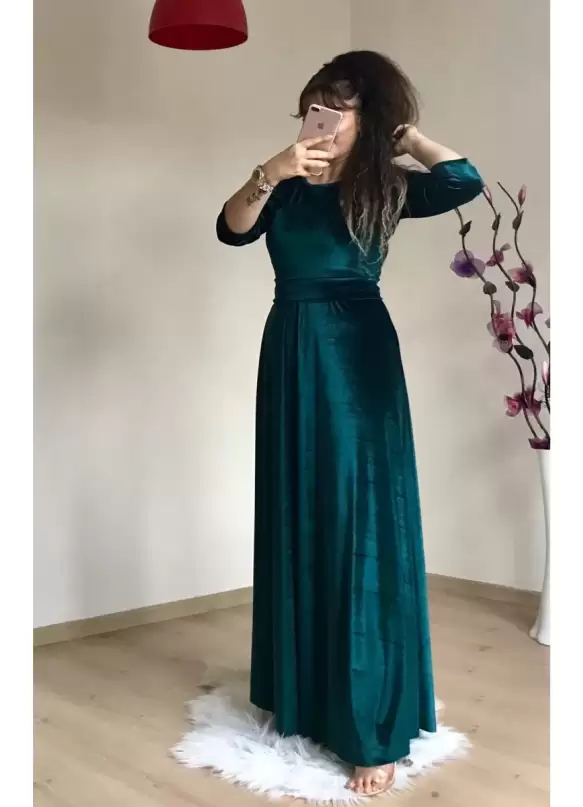 Bisiklet Yaka Kadife Elbise Zümrüt Yeşili