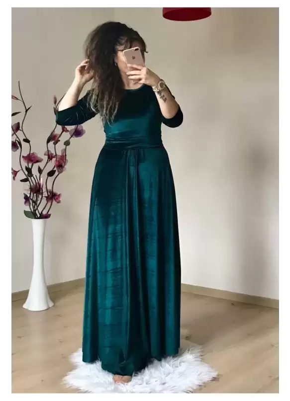 Bisiklet Yaka Kadife Elbise Zümrüt Yeşili
