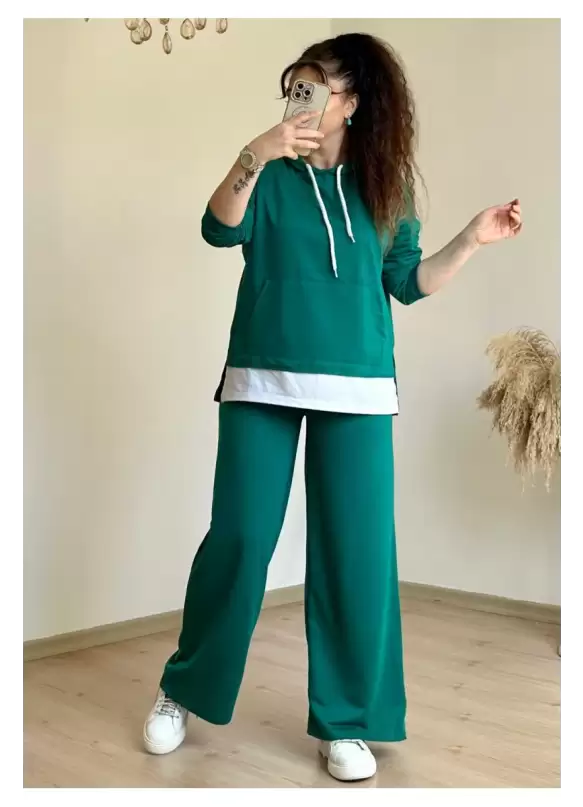 Bol Paça Tshırt Detaylı Takım Yeşil