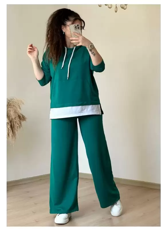 Bol Paça Tshırt Detaylı Takım Yeşil